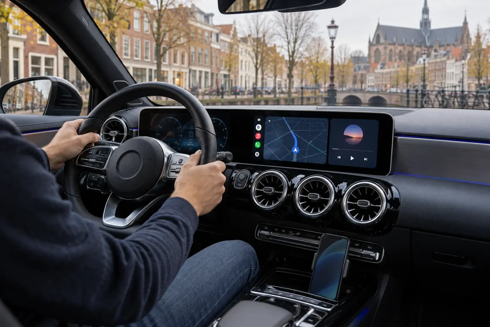 Android Auto bestellen in Haarlem: Google Maps en muziek op het brede scherm van een Mercedes, geparkeerd aan het Spaarne met de Grote of Sint-Bavokerk in beeld