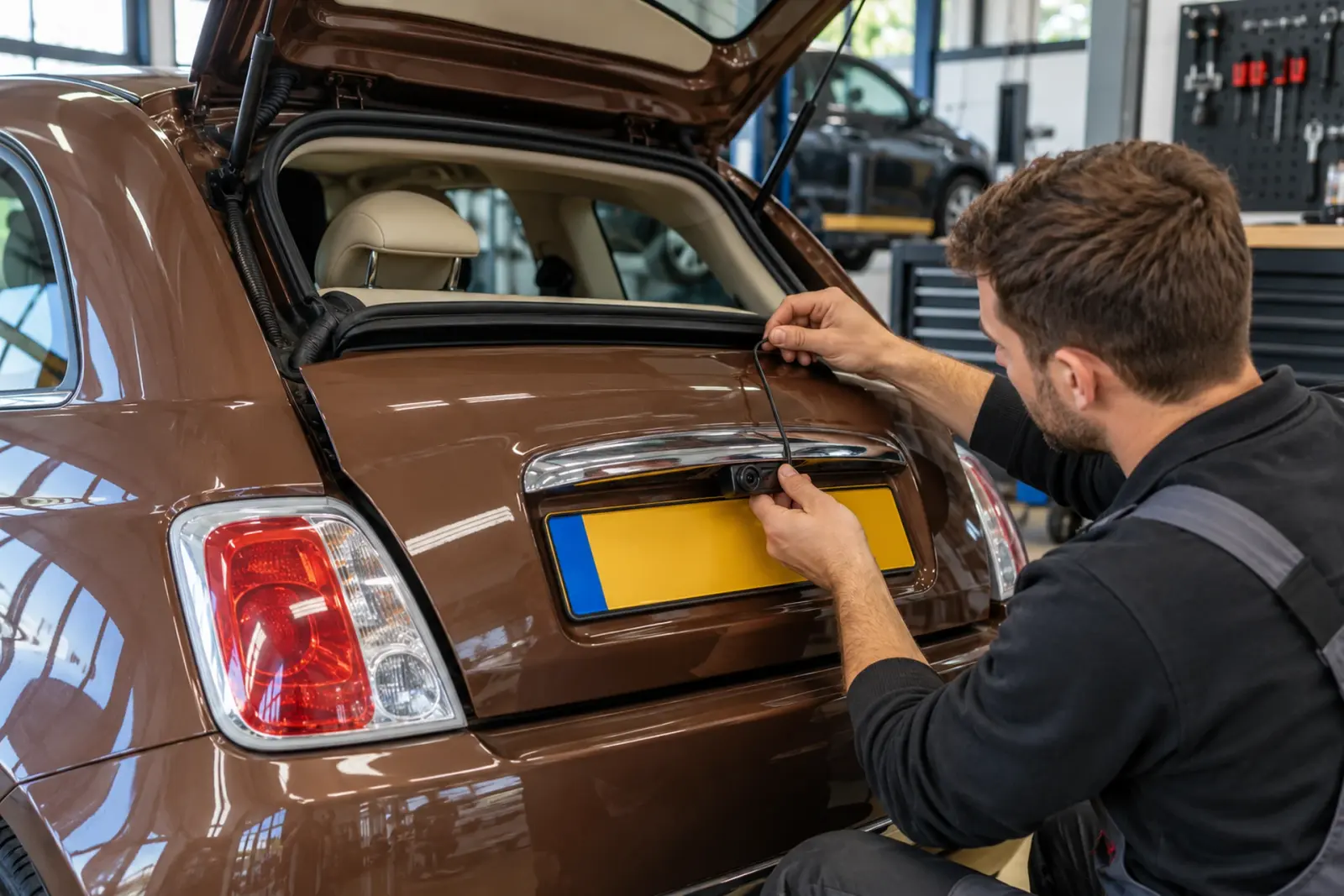 Monteur monteert een achteruitrijcamera boven de kentekenplaat van een Fiat 500 voor een klant uit Haarlem