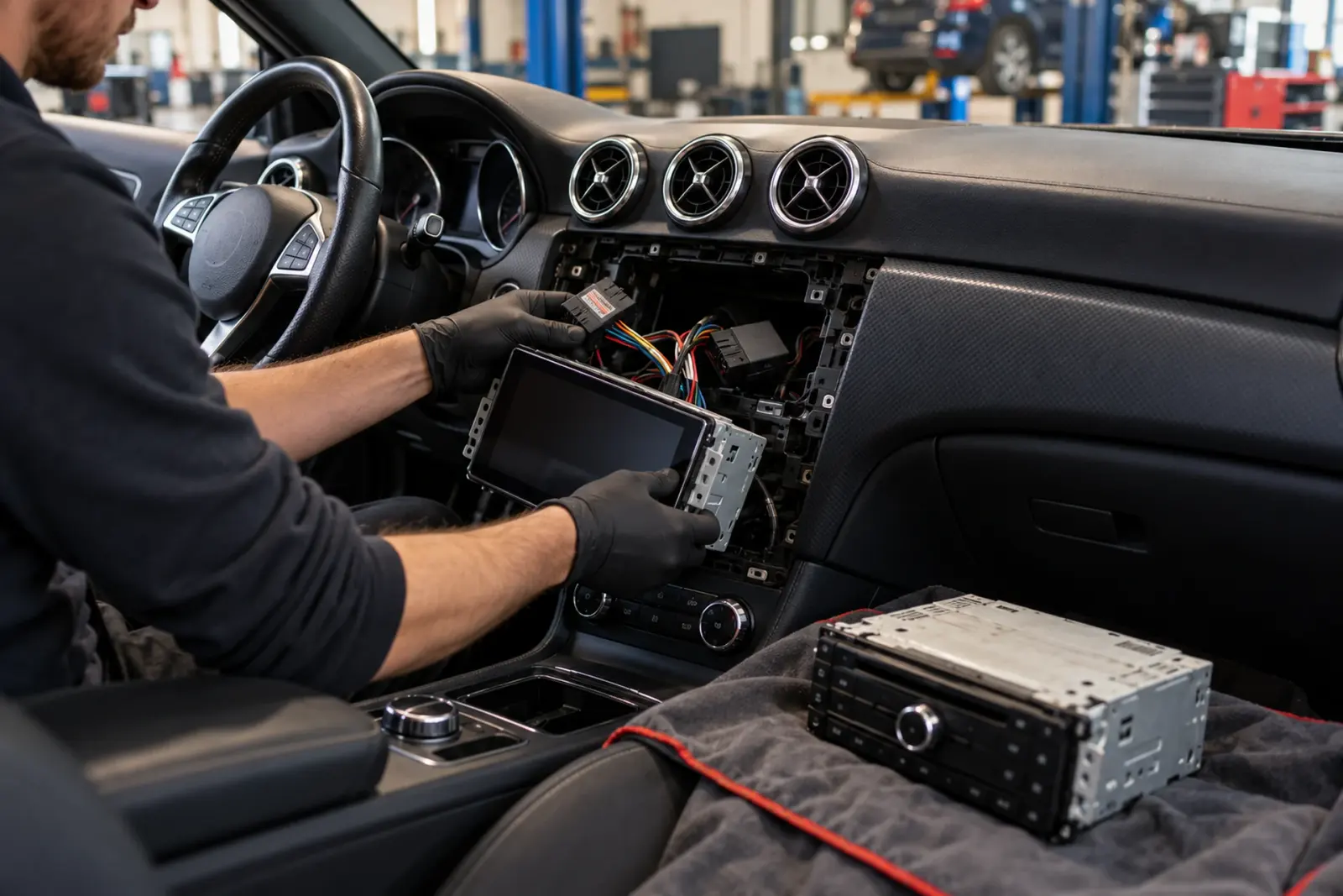 Android Auto radio inbouwen in Haarlem: monteur plaatst het nieuwe touchscreen in het dashboard terwijl de oude 2-DIN radio op de deken ernaast ligt