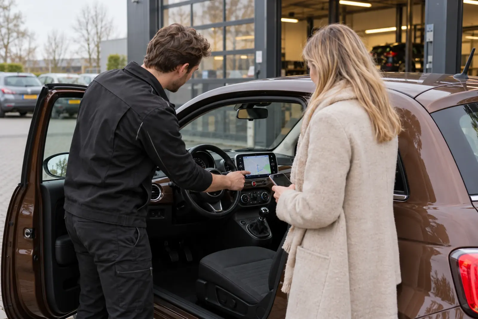 Monteur van de inbouwpartner laat een klant uit Haarlem het nieuwe touchscreen in haar Fiat 500 zien voor de werkplaats