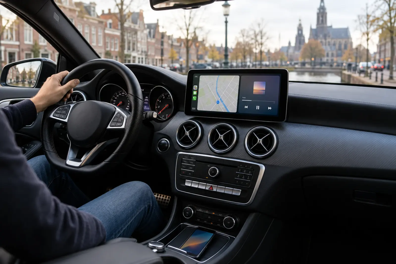 Resultaat van CarPlay bestellen in Haarlem: scherm met navigatie en muziek in het dashboard van een Mercedes aan het Spaarne, met de Grote of Sint-Bavokerk op de achtergrond
