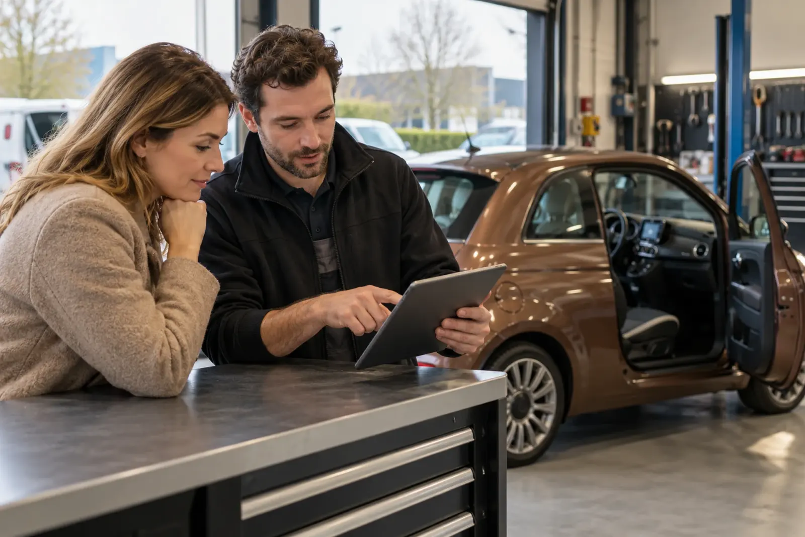 Monteur bespreekt de offerte voor CarPlay inbouwen op een tablet met een klant uit Haarlem aan de balie van de werkplaats