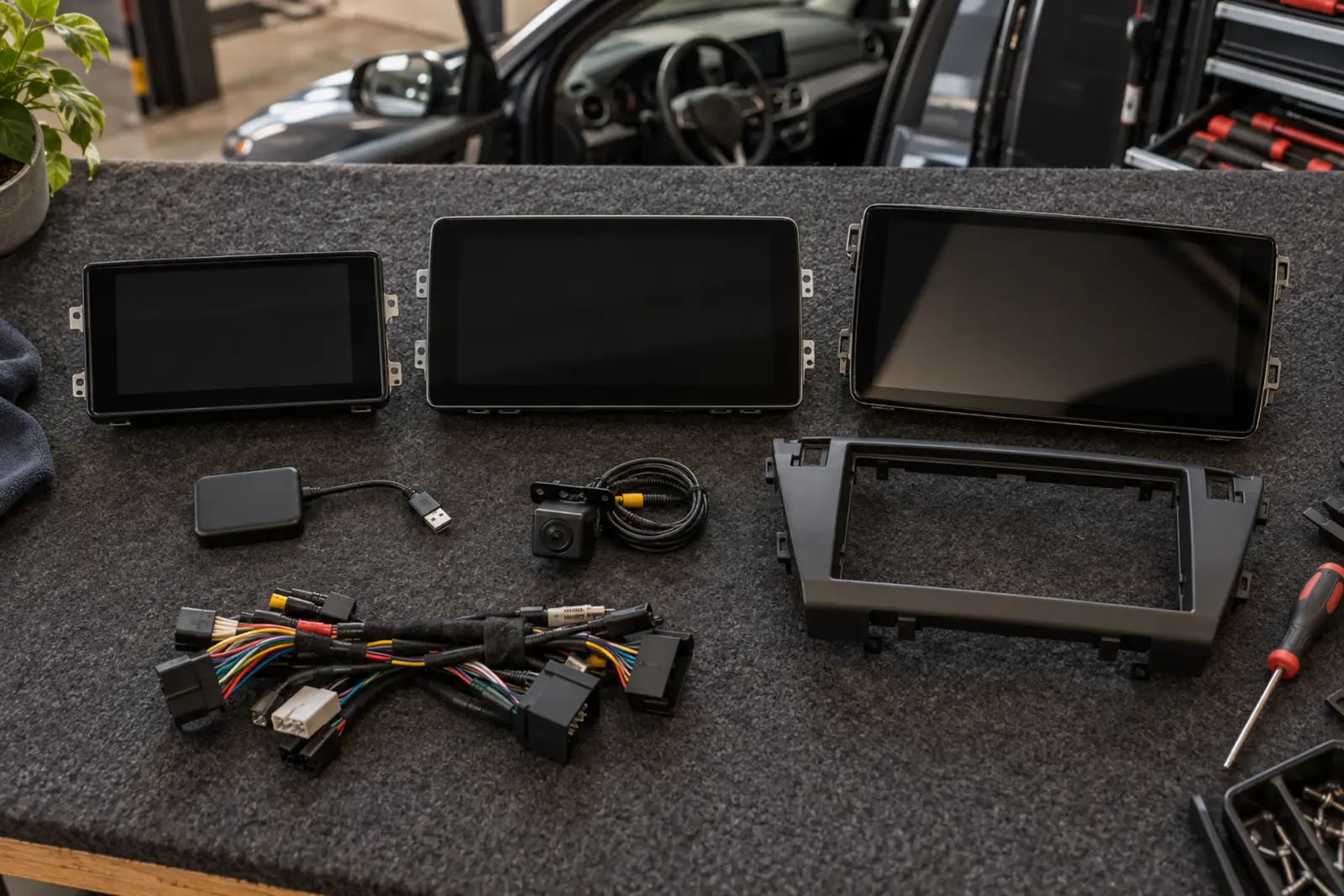 CarPlay prijzen in Haarlem: drie CarPlay-schermen in verschillende maten, een draadloze adapter, een achteruitrijcamera, een inbouwframe en kabelbomen op de werkbank van de inbouwpartner