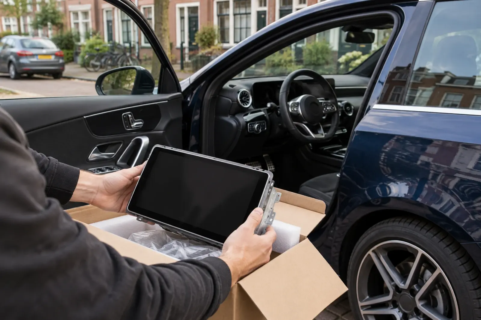CarPlay scherm bestellen in Haarlem: een nieuw 10-inch touchscreen wordt uit de doos gehaald naast een Mercedes in een Haarlemse woonstraat