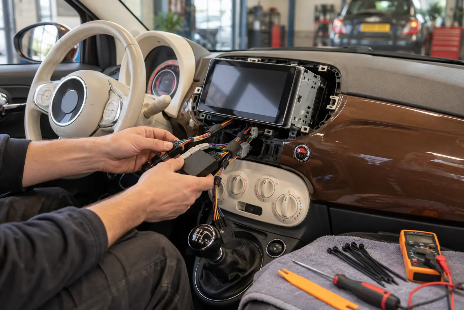 Monteur sluit de kabelboom en de interface aan achter het nieuwe CarPlay-scherm van een Fiat 500 in de werkplaats van de inbouwpartner voor regio Haarlem