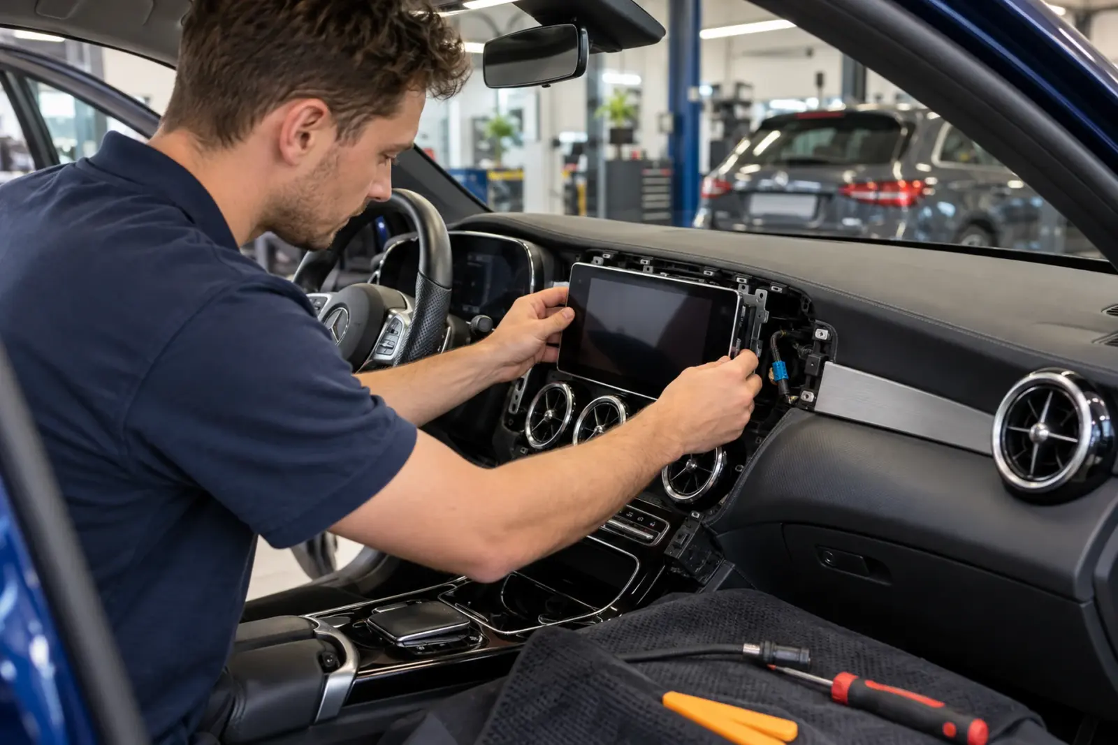 CarPlay scherm inbouwen in Haarlem: monteur schuift een nieuw touchscreen in het dashboard van een Mercedes in de werkplaats van de inbouwpartner